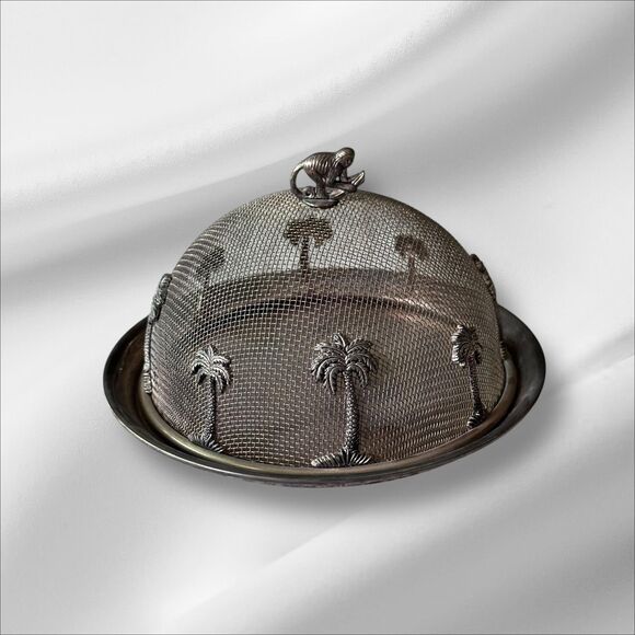 Vintage Silver Plated Mesh Food Dome & Tray | Monkey Palm Tree Cloche Godinger - Picture 1 of 6